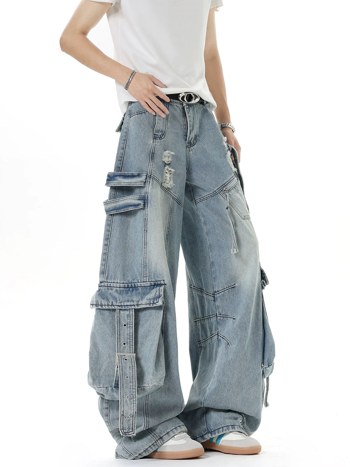 Deconstructed Cargo Wide-Leg Jeans 【GR8449】