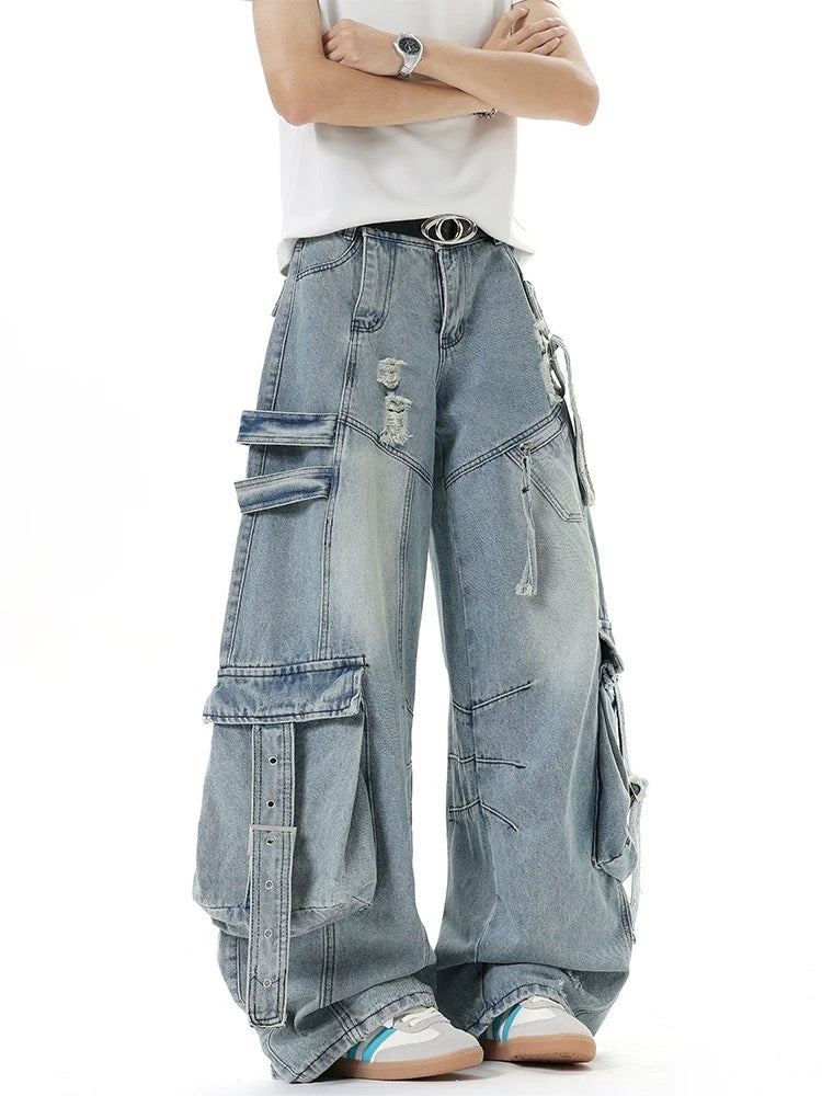 Deconstructed Cargo Wide-Leg Jeans 【GR8449】