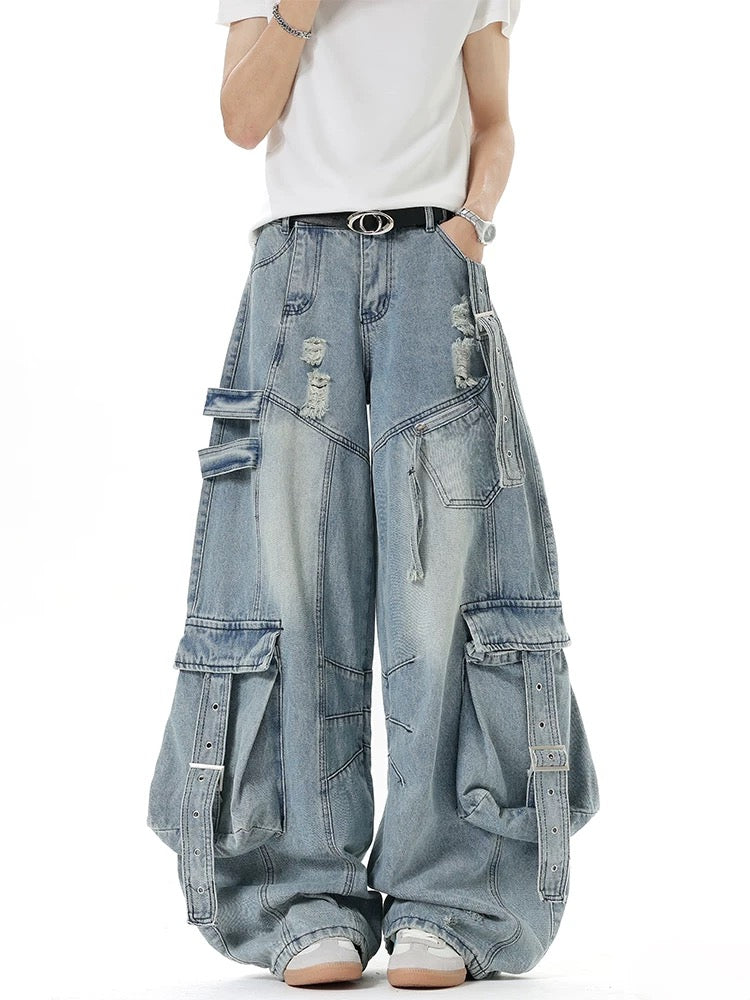 Deconstructed Cargo Wide-Leg Jeans 【GR8449】