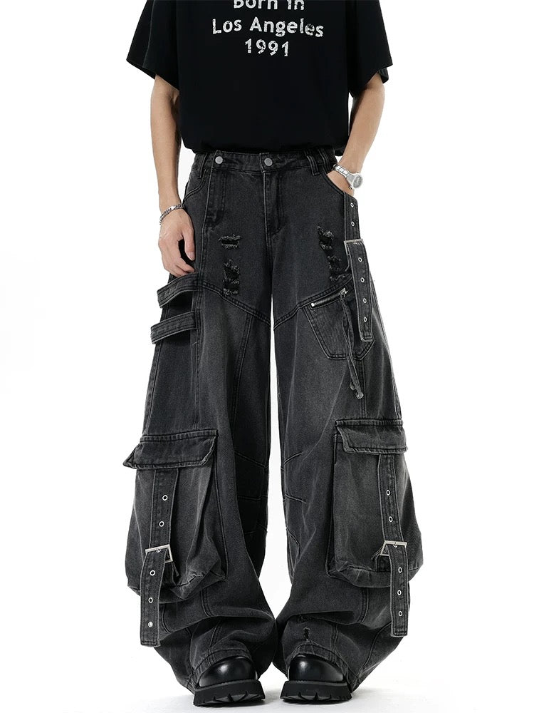 Deconstructed Cargo Wide-Leg Jeans 【GR8449】